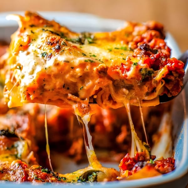 A serving spoon lifts a cheesy, saucy piece of Franco's Italian lasagna from a baking dish.