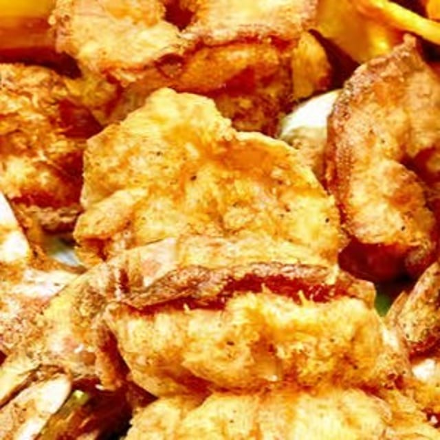 Southern Crispy Shrimp with Onion Rings or Fries.