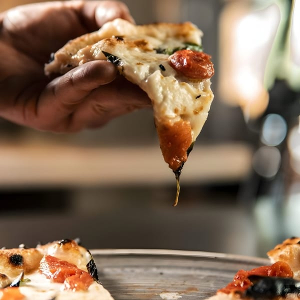 A hand holds a slice of Franco's Italian pizza, with melted cheese and sauce dripping.