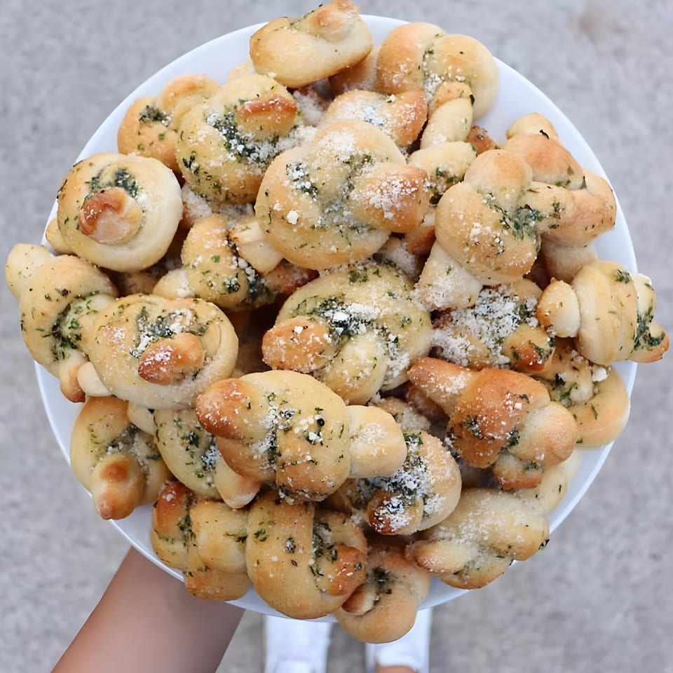A white plate overflowing with golden-brown garlic knots, sprinkled with herbs and Parmesan cheese.