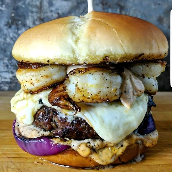A towering burger with a beef patty, melted cheese, grilled shrimp, and red onion on a bun.