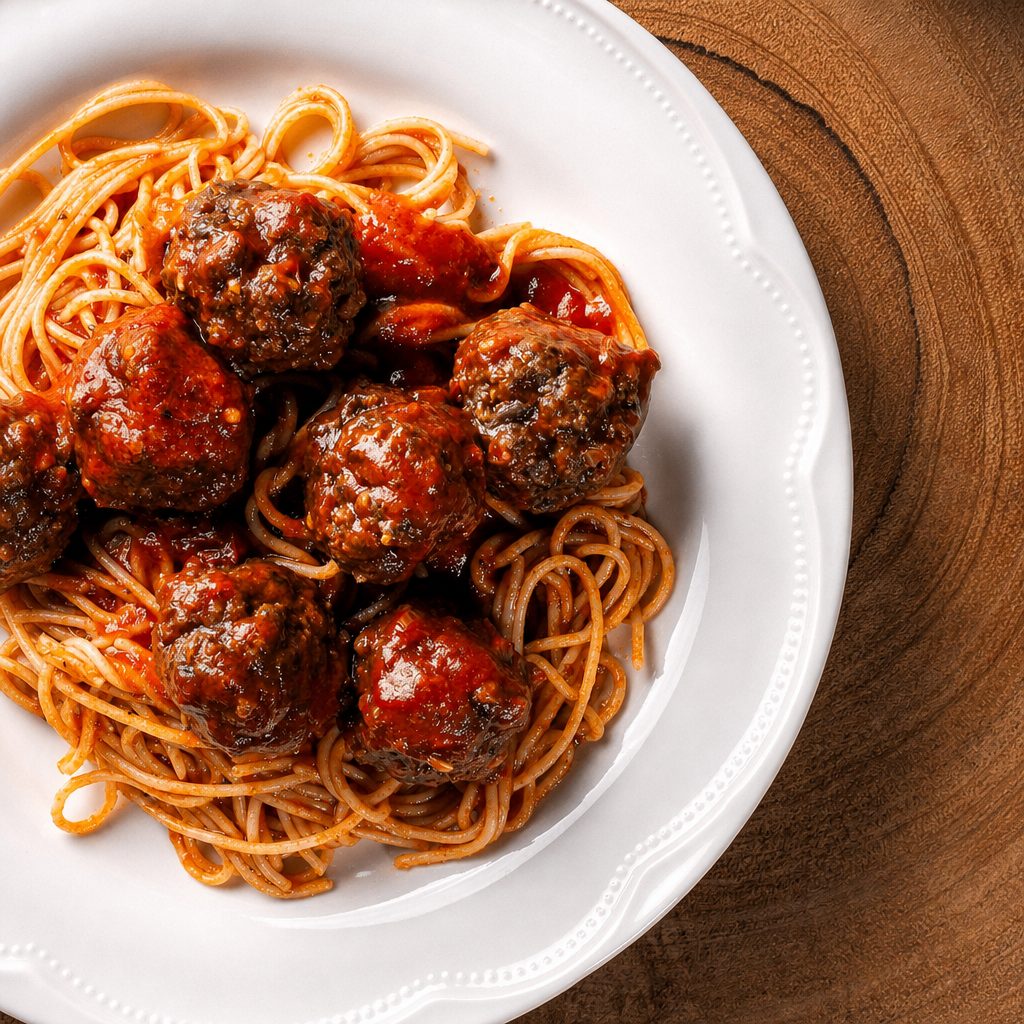 Spaghetti with Tomato Sauce & One Meatball.