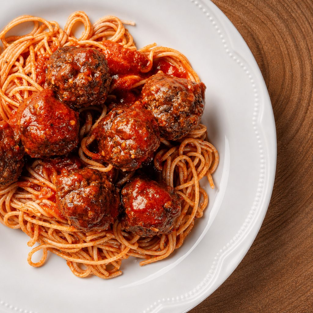Kids Spaghetti with Tomato Sauce & One Meatball.